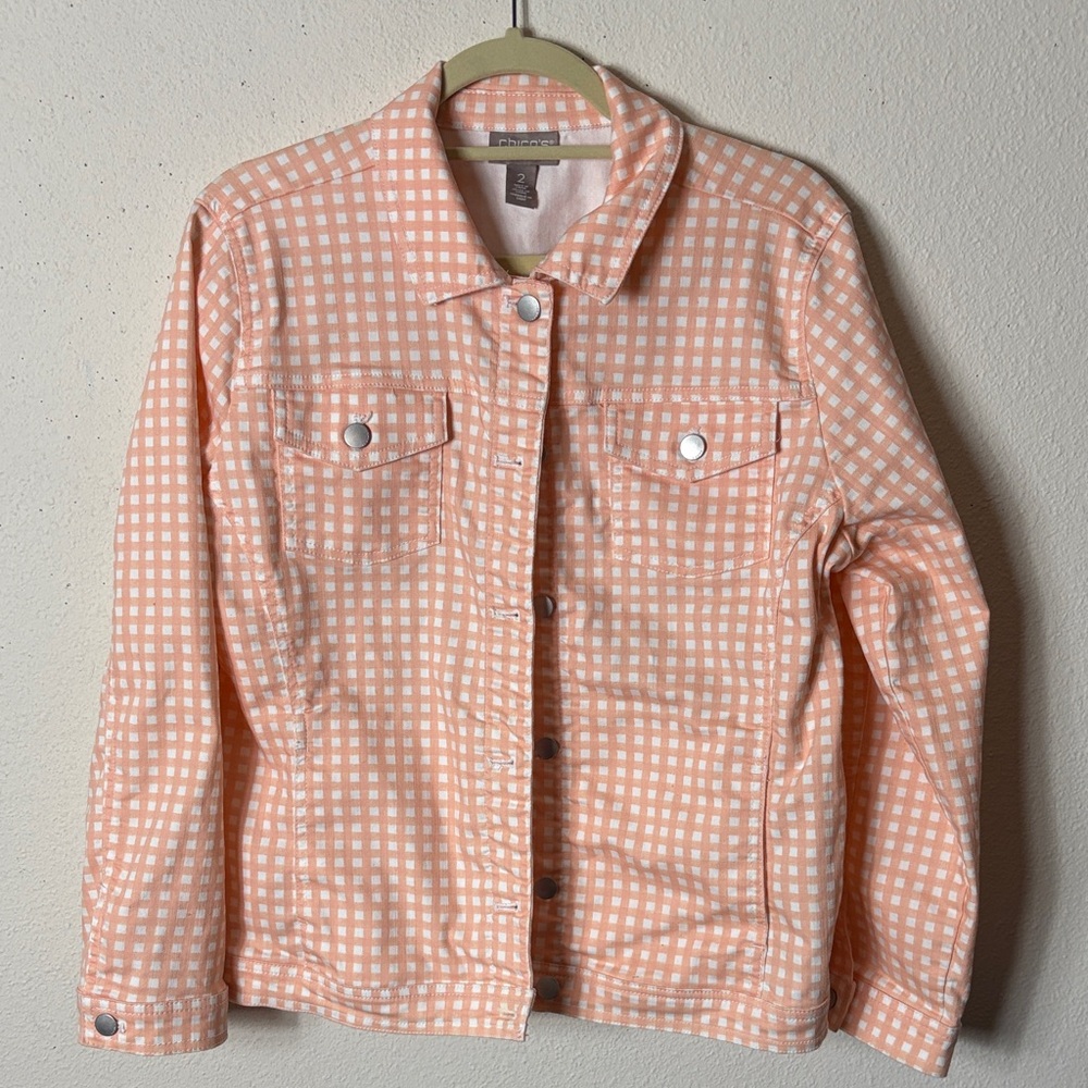 Chicos Design Jacket Size 2 =Large100% Cotton Peach and White